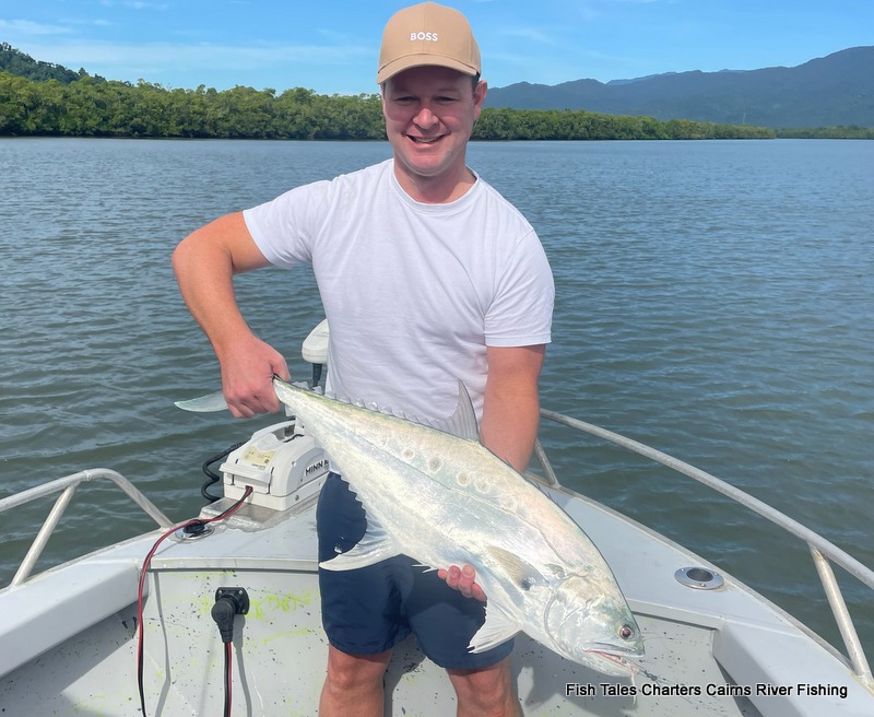 Adam is happy to show off his catch of a Giant Queenfish while popper fishing on the Mulgrave & Russell Rivers and Mutchero Inlet!
